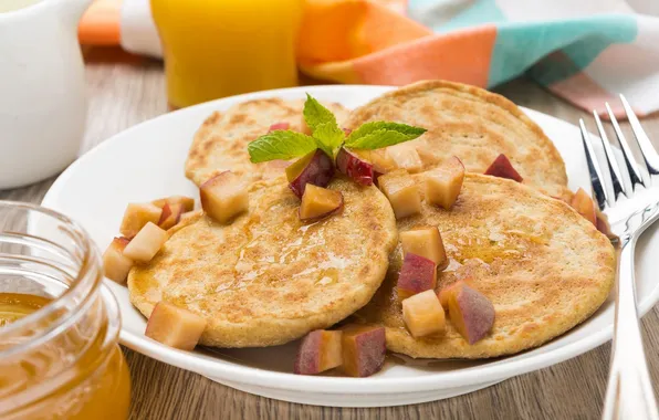 Breakfast, honey, peach, pancakes, mint leaves
