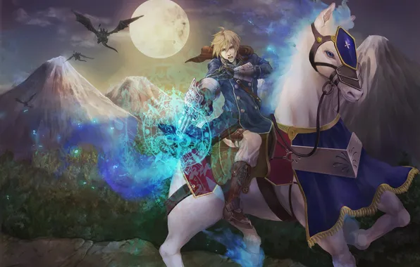 Picture mountains, horse, magic, the moon, dragons, guy, riders, pixiv fantasia