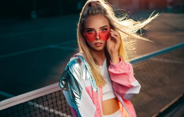 Look, girl, sunset, mesh, makeup, glasses, jacket, blonde