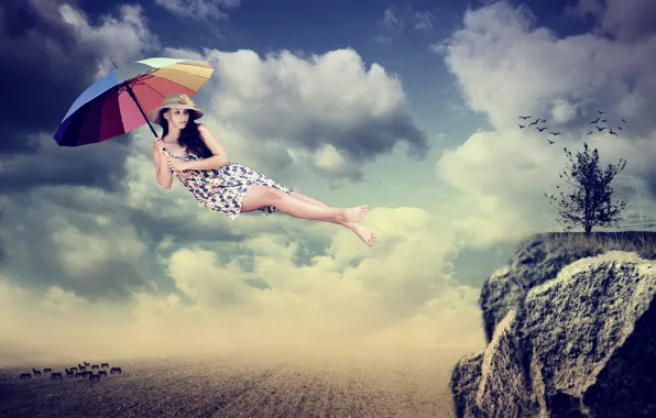 Picture girl, flight, umbrella