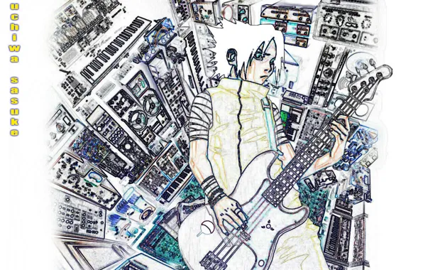 Guitar, keys, guitarist, Naruto, fanart, Sasuke Uchiha, Naruto Shippuden, Naruto shippuuden