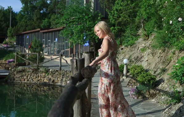 The sun, pose, pond, Park, model, portrait, makeup, dress