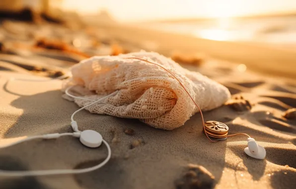 Sand, sea, beach, the sun, light, sunset, dawn, headphones