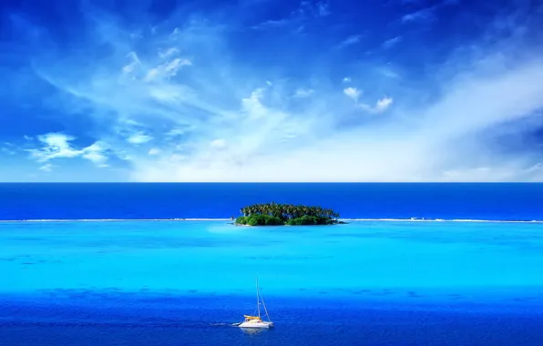 Sea, boat, island, Blue