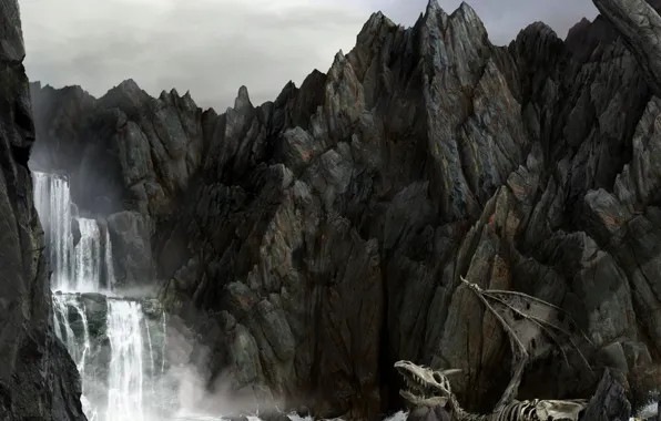 Sea, rocks, dragon, waterfall, skeleton