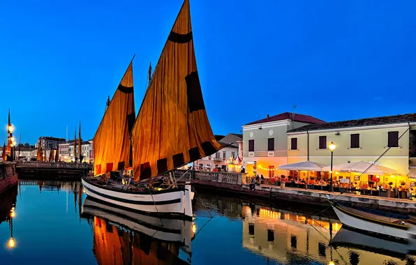 Picture the city, home, boats, the evening, lighting, port, Italy, municipality