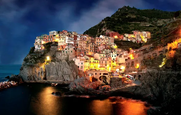 Night, the city, rocks, coast, home, boats, the evening, Italy