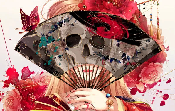 Picture flowers, face, butterfly, skull, hands, fan, bracelet, art