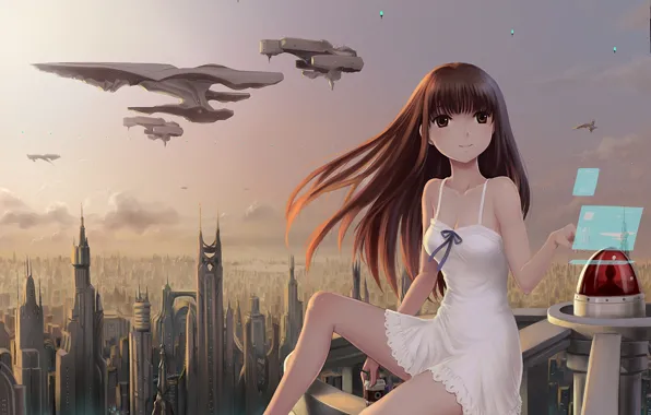 The city, future, transport, interface, ships, skyscrapers, art, girl