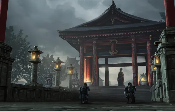Fire, posts, armor, gate, Japan, lights, ladder, twilight