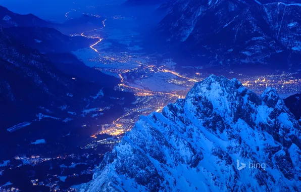 Picture mountains, night, the city, lights, valley