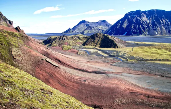 Mountains, stream, Iceland, colorful stones