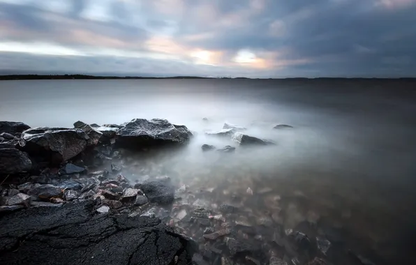 Sea, landscape, night, stones