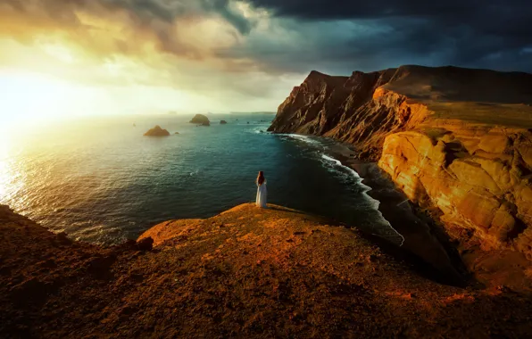 Sea, the sky, girl, clouds, landscape, mountains, nature, pose