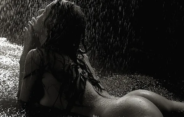 Erotic, girl, drops, rain, passion, hair, black and white, wet