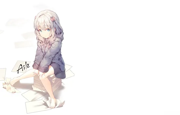 Girl, white background, stack, blue eyes, long white hair, EroManga-Sensei, Sagiri Izumi, Erromango-Sensei