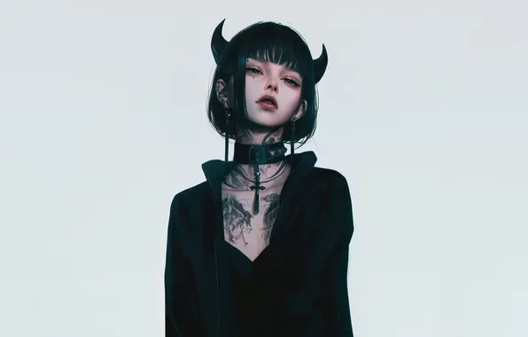 Girl, Devil, Anime, Tattoo, Demon, Horn, Anime Girl, AI Art