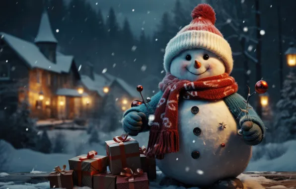 Winter, forest, balls, light, snow, night, nature, hat
