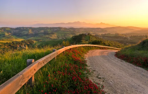 Road, sunset, nature, hills, Italy, fabulous sunset