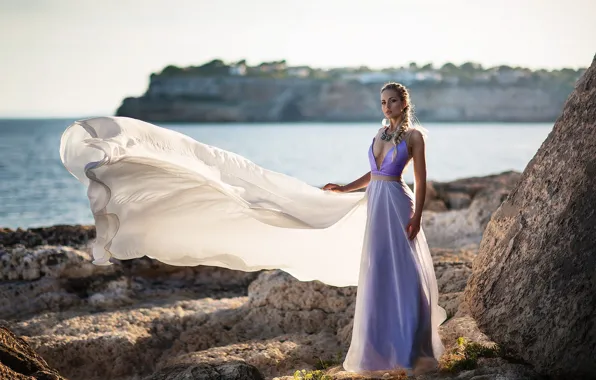Sea, girl, rock, photo, the wind, model, train, dress