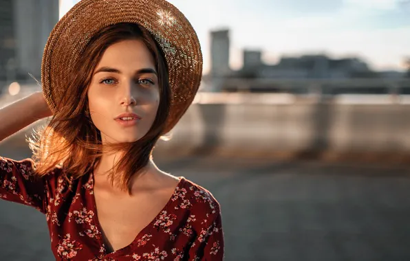 Look, the sun, the city, pose, background, model, portrait, hat