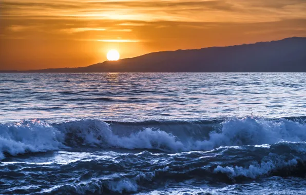 Sea, wave, the sun, sunset, mountains, surf