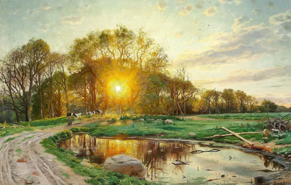 Picture 1897, Danish painter, Peter Merk Of Menstad, Peder Mørk Mønsted, Danish painter, The sun sets …
