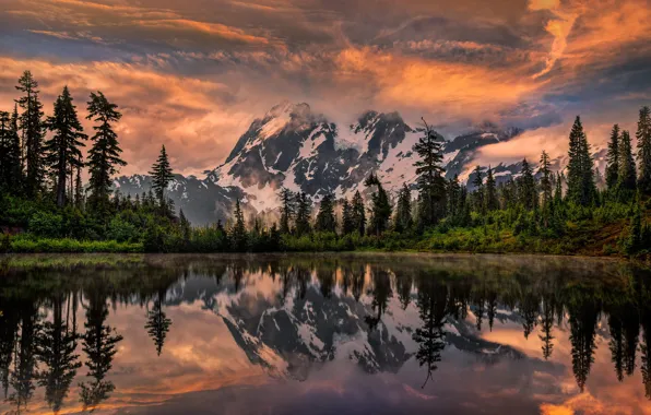 Picture trees, landscape, sunset, mountains, nature, lake, reflection, ate