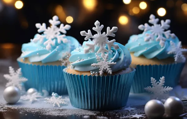 Balls, snowflakes, lights, table, blue, Christmas, New year, cream
