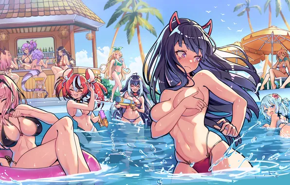 Bikini, Sexy girls, Hololive, Gawr Gura, mori calliope, Vtuber, shylily, hakos baelz