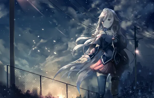 Picture the sky, girl, clouds, the city, home, anime, art, braids