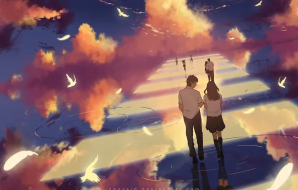 The sky, water, clouds, birds, reflection, girls, anime, art