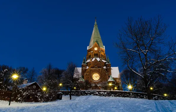 Winter, snow, trees, the evening, Church, Stockholm, Sweden, Sweden