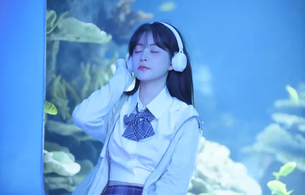 Fish, Aquarium, Beautiful, Asian, Model, Headphone, Woman, Cute