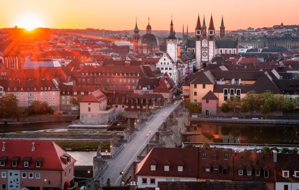 Road, sunset, bridge, building, Germany, Cathedral, Würzburg