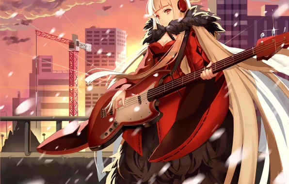 City, girl, guitar, anime, pretty, bishojo, headphone, Forever 7th Capital