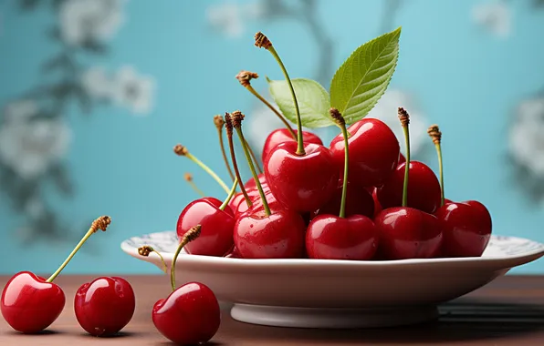 Cherry, berries, table, plate, cherry, blue background, AI art, neural network