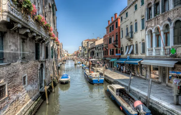 Street, HDR, home, boats, Italy, Venice, channel, Italy