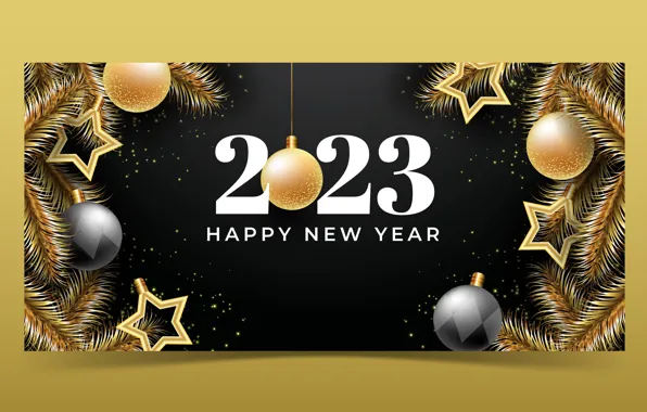 Balls, frame, figures, New year, black background, gold plated, date, 2023