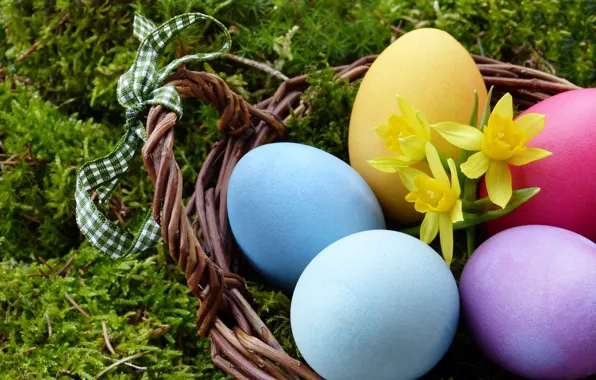 Flowers, branches, holiday, moss, eggs, spring, yellow, Easter