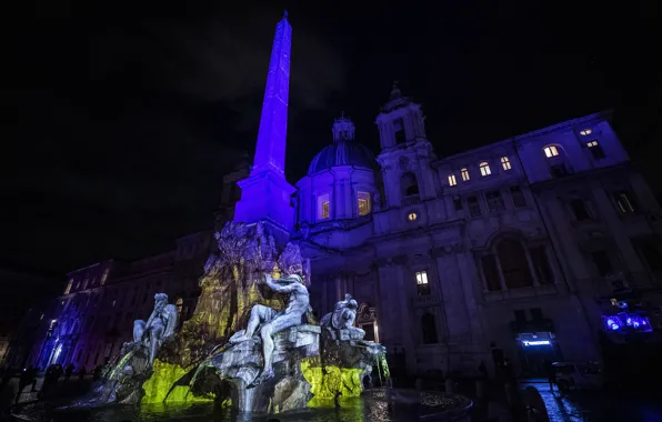 Night, Rome, Italy, Piazza Navona, Fountain Of The Four Rivers, obelichk
