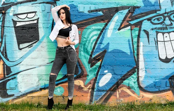 Sexy, wall, graffiti, brunette, beauty, Sara