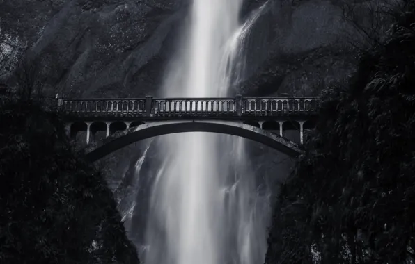 Bridge, height, mountain, waterfall, black and white photo