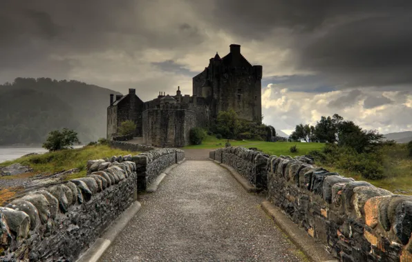 Picture castle, rain, twilight, Eilean donan