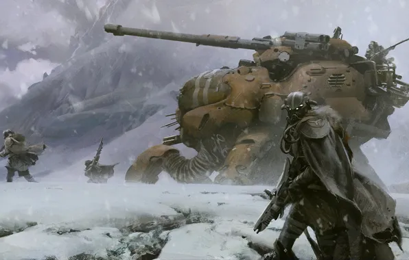 Snow, mountains, weapons, destiny, robot, art, soldiers, tank