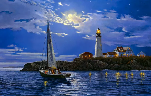 Sea, landscape, lighthouse, yacht, art, Serenity, Dave Barnhouse