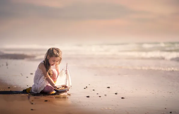 Picture sea, shore, girl, boat