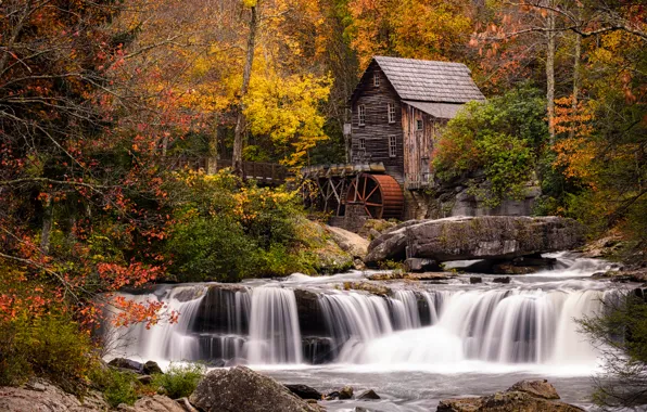 Autumn, forest, house, waterfall, Babcock Park