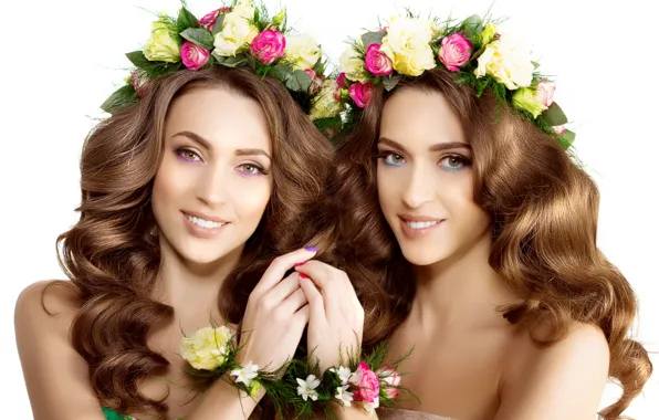 Flowers, girls, two, makeup, face, white background, hairstyles, beautiful
