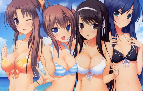 Sexy, cleavage, sky, green eyes, long hair, sea, girls, brown hair